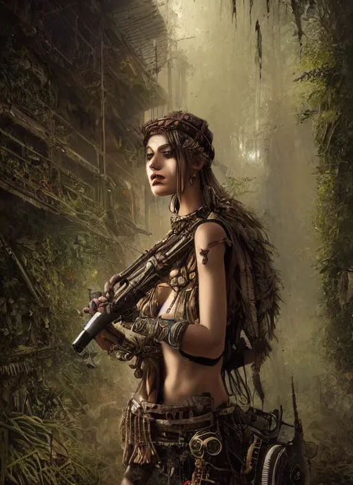 Prompt: beautiful portrait of a young very beautiful cute tribal woman with a steampunk gun, in a post apocalyptic city overgrown with lush vegetation, by Luis Royo, by Greg Rutkowski, dark, gritty, intricate, head space, cover illustration, concept art, volumetric lighting, volumetric atmosphere, octane render, trending on artstation, 8k