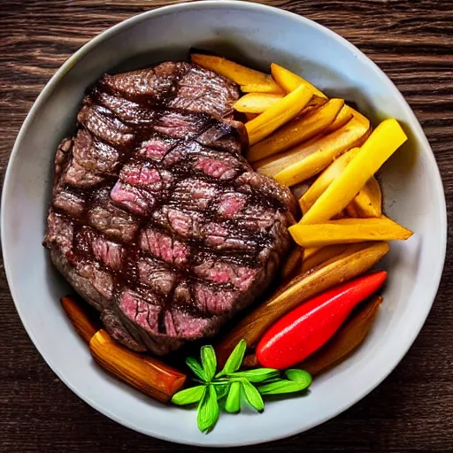 Image similar to a bowl of steak on a table 3 / 4 th view