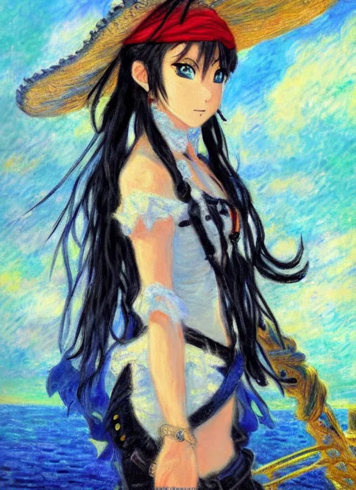 Image similar to a portrait of a female pirate, very anime in impressionist style, anime trending artwork, 4 k, anime painter studio, by claude monet