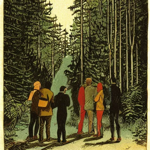 Prompt: illustration of travelers standing before an interdimensional gateway in the forest, art by walter h everett