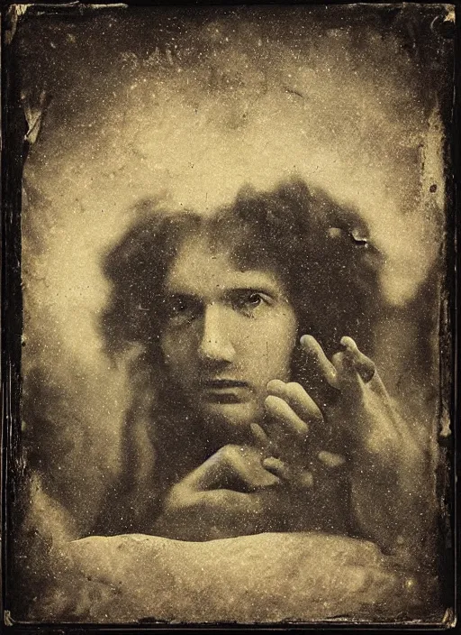 Image similar to old wetplate daguerreotype portrait of the birth of a genius singer, explosion of data fragments, fractal, intricate, elegant, highly detailed, parallax, leica, medium format, subsurface scattering, by jheronimus bosch and greg rutkowski and louis jacques mande daguerre