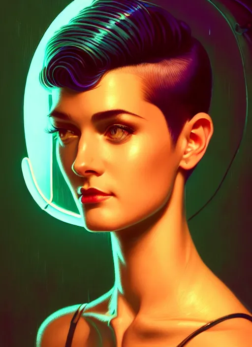 Prompt: a young sophisticated beautiful barmaid, dimly lit retrofuturistic cyberpunk dive bar, dystopian retro 1980s neon vibe, relaxed pose, pixie cut with shaved side hair, wild, highly detailed, digital painting, artstation, sharp focus, illustration, detailed digital art style by artgerm and greg rutkowski and alphonse mucha + perfect facial symmetry + dim volumetric lighting, vibrant deep colors, 🍸, 8k octane beautifully detailed render, post-processing, extremely hyperdetailed, epic composition, grim yet sparkling atmosphere, cinematic lighting + masterpiece, Art Nouveau