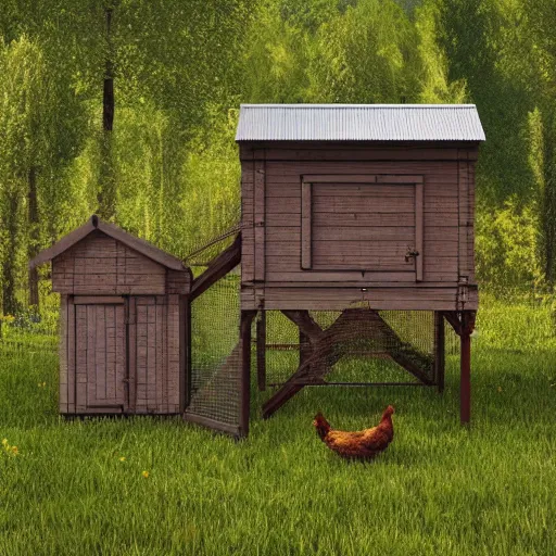 Image similar to a chicken coop built by a witch, realistic, 8 k, extremely detailed, cgi, trending on artstation, hyper - realistic render, by greg rutkowski