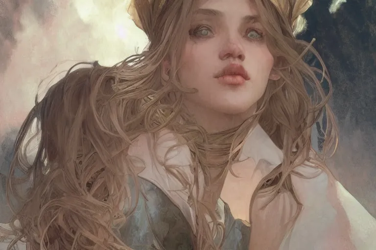 Image similar to elaborately ultradetailed close up portrait of an extremely beautiful girl, artstation, concept art, smooth, sharp focus, illustration, art by alphonse mucha and tian zi and WLOP