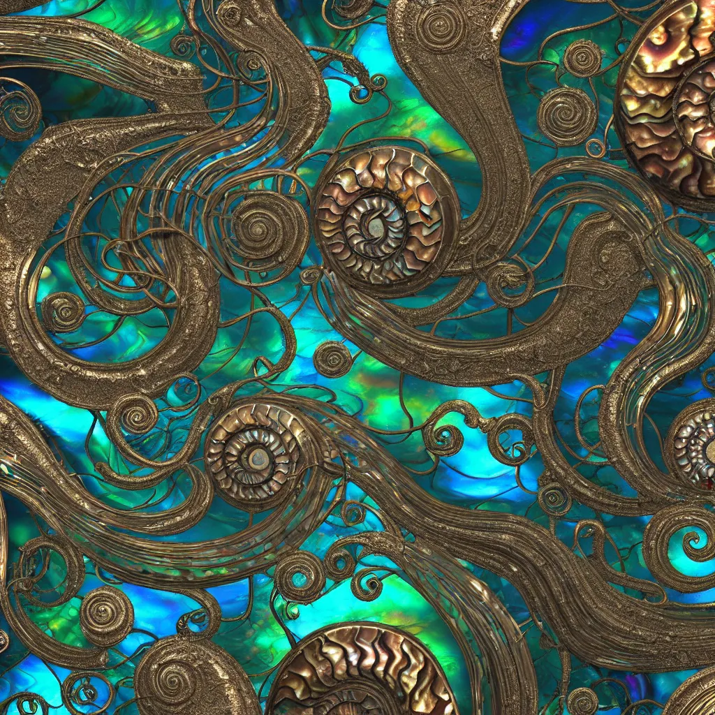 Prompt: art nouveau cresting oil slick waves, ammonites, abalone, hyperdetailed bubbles in a shiny iridescent oil slick wave, ornate copper patina medieval ornament, rococo, organic rippling spirals, octane render