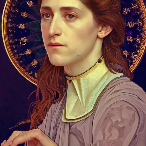 Image similar to portrait of charlotte gainsbourg as joan of arc, hyperreal digital painting, iconography influenced by alphonse mucha and eugene delacroix, arstation and deviantart trends, high resolution 8 k