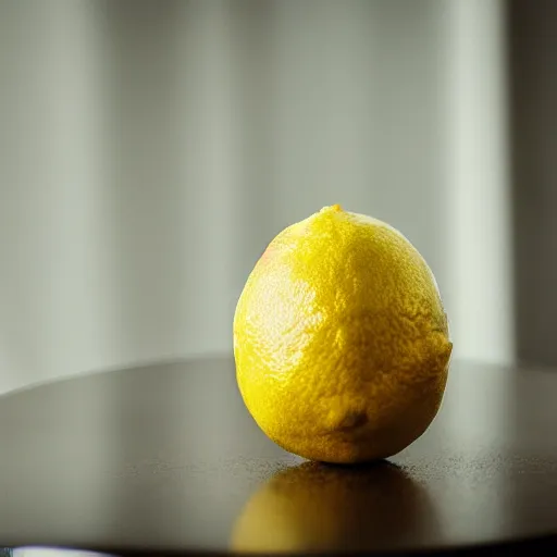 Prompt: an lemon made of solid crystal is sitting on the white table, clear focus, bokeh effect, high res, hasselblad, dslr, professional, cinematic