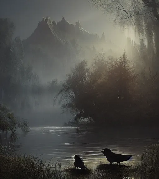 Image similar to three crows in a little boat in a swamp, volumetric lighting, majestic light, octane render, ethereal glare of the sun, hyperrealistic, epic, masterpiece, by greg rutkowski