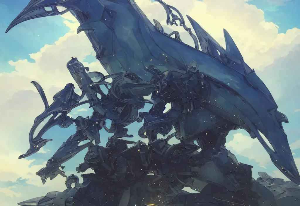 Image similar to close up of a extremely beautiful and aesthetic mech armor witch holding a symmetrical trident, highly detailed face, attractive symmetrical eyes, back shark fin, big wave horizon, dynamic model pose, slightly smiling, blue sky, big blade whale and black giants mech minotaurus, epic scene, fantasy illustrations, by makoto shinkai and peter mohrbacher and ferdinand knab