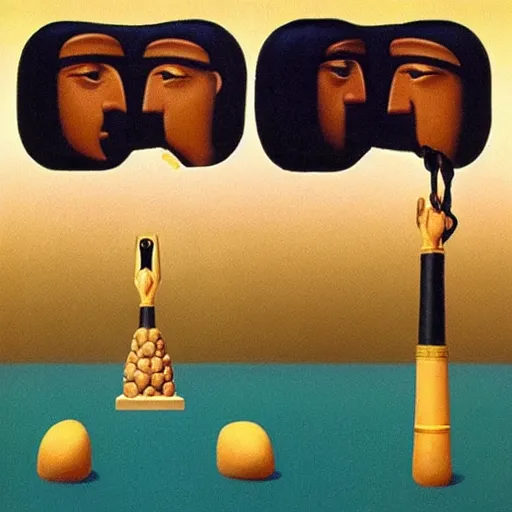 Prompt: Emoji as ancient Mesopotamian gods by Rene Magritte