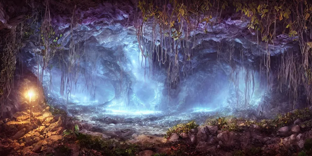 Prompt: deep cave with mystic ambiance and vines hanging from the ceiling, glowing diamonds in walls, realistic, sharp focus, highly detailed, by artgerm