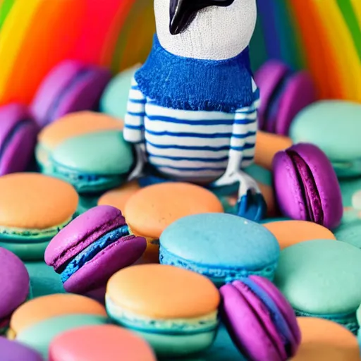 Image similar to A blue jay standing on a large basket of rainbow macarons.