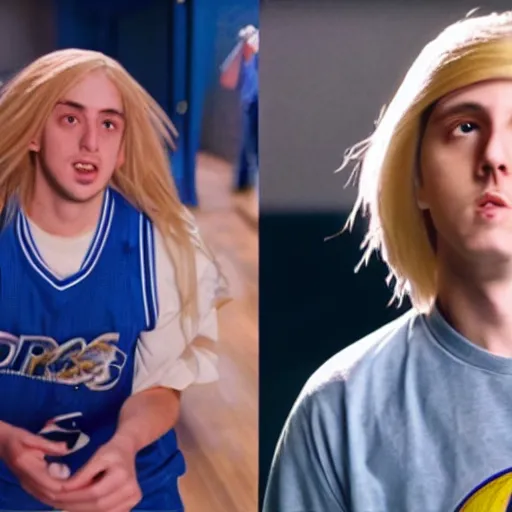 Prompt: live action still of porter robinson with long blonde hair in space jam, real life, hyperrealistic, ultra realistic, realistic, highly detailed, epic, hd quality, 8k resolution, body and headshot, film still