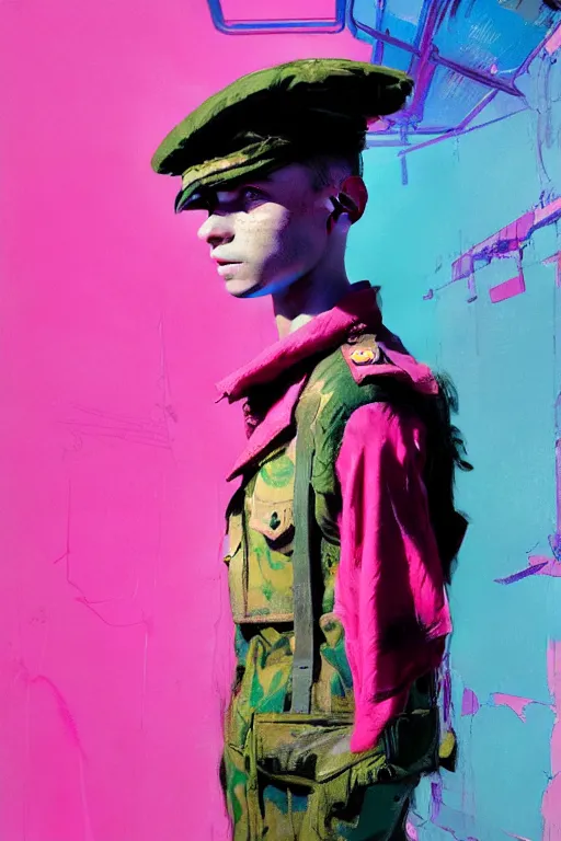 Image similar to portrait of a young soldier boy nor living in a death postapoliptic world, painterly painted in the colors hot pink and cyan, beautiful face, rule of thirds, complex outfit, spotlight, octane render, dramtic lit, by greg rutkowski, by jeremy mann, by francoise nielly, by van gogh, digital painting