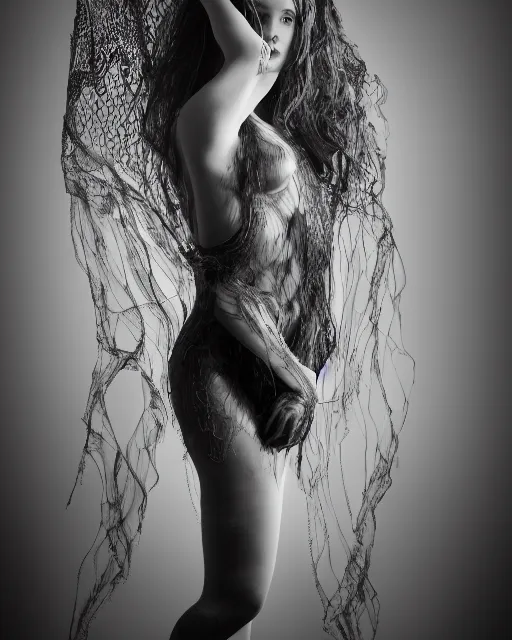 Image similar to surreal mythical dreamy dark artistic black and white fine art photo of a beautiful young female angel - mermaid - cyborg covered with translucent algae lace web, rim light, cinematic, studio dramatic light, poetic, octane render, 8 k, photo - realistic, by floria sigismondi