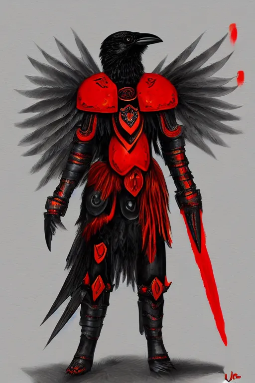 Prompt: crow warrior in heavy armor. black wings. red and orange clothes. digital painting, hd, ultra - detailed.