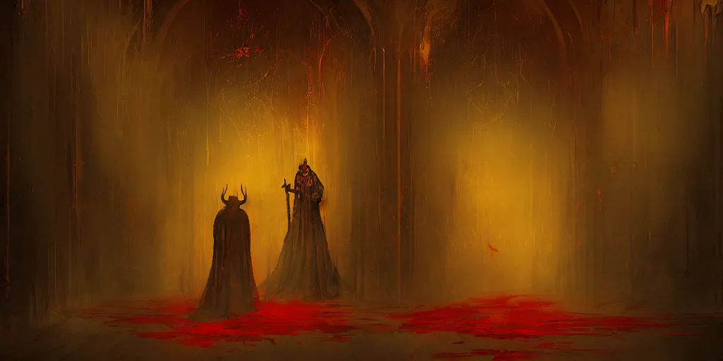 Image similar to dark satanist figures, red smoke, turned cross, inside big golden church hallway, creepy, concept art, style of anato finnstark,