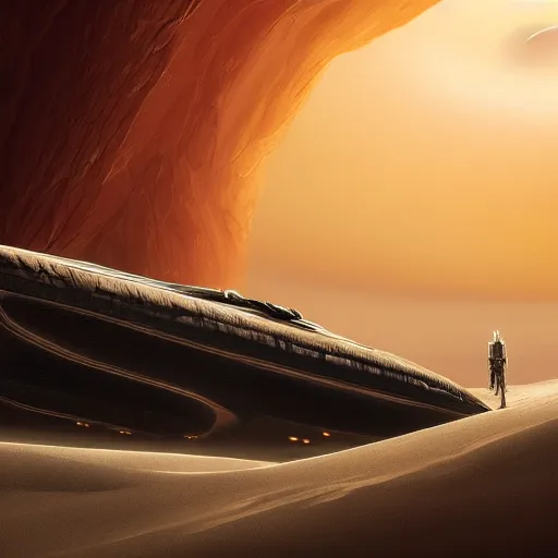 Prompt: giant spacecraft, highly detailed, trending on artstation, dune style, denis villeneuve