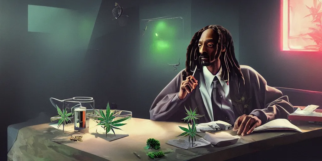 Image similar to breathtaking detailed concept art painting of snoop dogg smoking weed in a cannabis paradise, by hsiao - ron cheng, exquisite detail, extremely moody lighting, 8 k