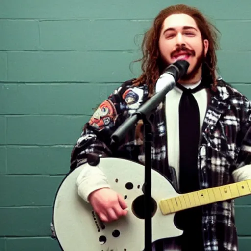 Image similar to a film still of Post Malone starring as Dewey Finn in School Of Rock (2003)