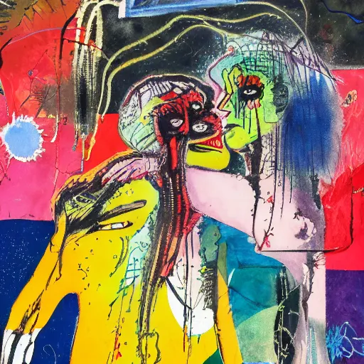 Image similar to watercolor painting of two bizarre psychedelic goth women hugging each other closeup in a space station in japan, speculative evolution, mixed media collage by basquiat and jackson pollock, maximalist magazine collage art, sapphic art, lesbian art, chemically damaged