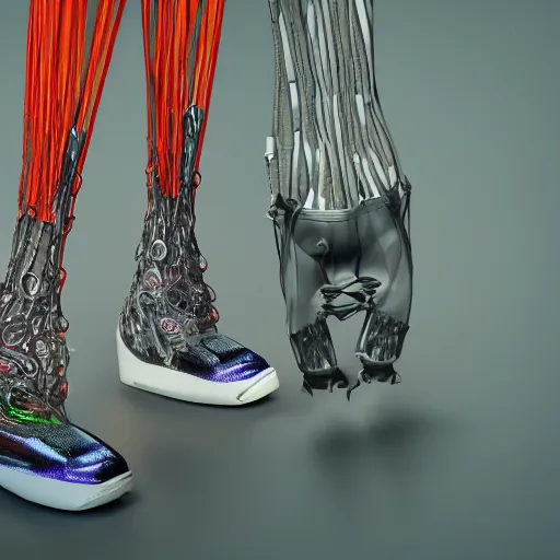 Prompt: futuristic balenciaga and vetements sneakers made out of live parts, cable, nerves, organs, by cronenberg, ultra rendered extreme realism and detail, 8 k, highly detailed, realistic, completely framed, pbr, surreal, hyper realistic, colorful, direct lighting, 3 5 mm photo, photorealistic, sharp focus,