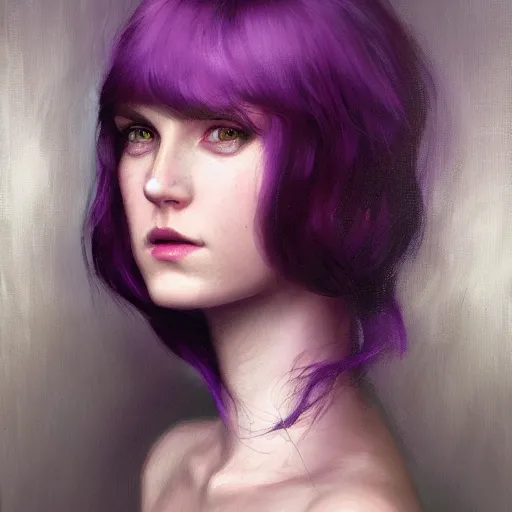 Prompt: purple, character portrait of purple in the style of charlie bowater, tom bagshaw, and waterhouse, lean face, symmetrical face, face by wlop, face symmetry, cinematic lighting, beautiful, elegant, oil painting, cinematic, portrait, raphaelite, headroom, headshot photograph, 8 k, trending on artstation, by daniel gerhartz