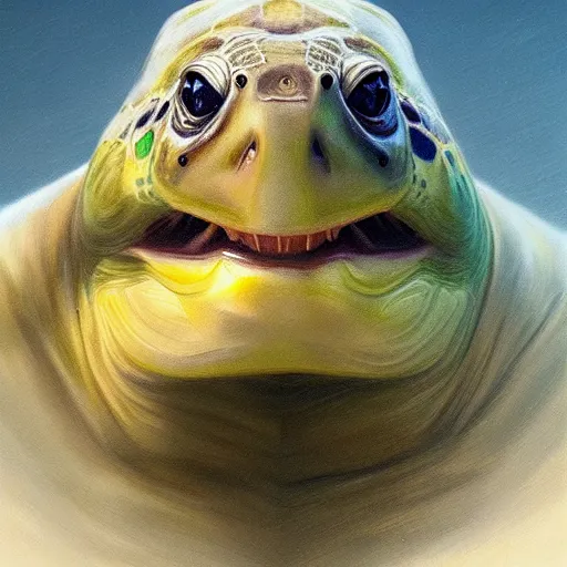 Prompt: A head-on detailed oil portrait of a beautiful mutant turtle with pale blue eyes and long yellow hair by greg rutkowski and artgerm, trending on artstation