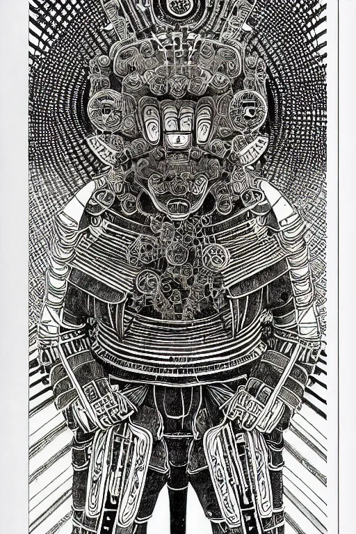 Prompt: a black and white drawing of an ancient future japanese temple samurai, bioluminescence, a detailed mixed media collage by hiroki tsukuda and eduardo paolozzi and ernst haeckel, intricate linework, sketchbook psychedelic doodle comic drawing, geometric, street art, polycount, deconstructivism, matte drawing, academic art, constructivism