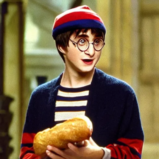 Prompt: film still of Harry Potter in a stripey t-shirt holding a baguette and wearing a beret