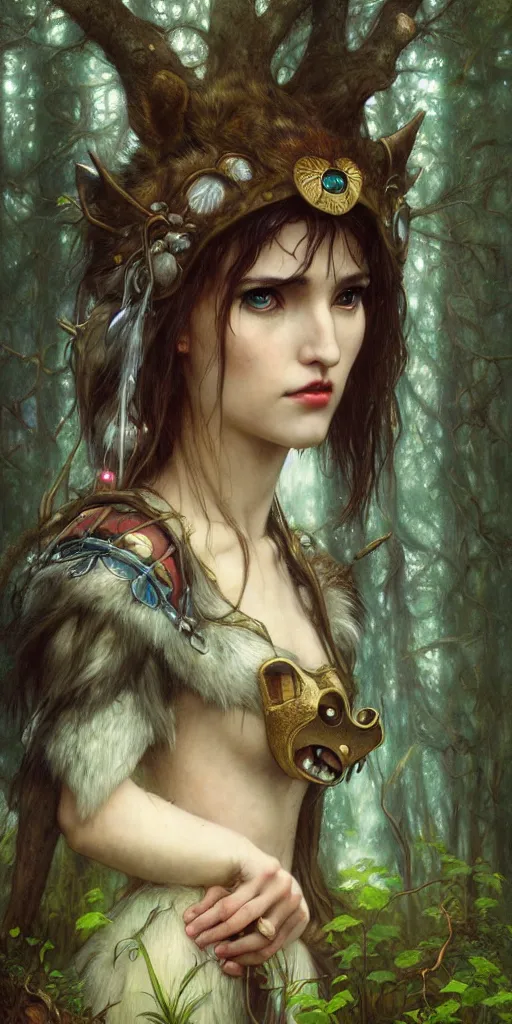 Image similar to hyper realistic Princess Mononoke in her mask, lush rainy forest landscape, wolves, magic, castle, jewels, style of tom bagshaw, mucha, james gurney, norman rockwell, gems and gold, waterfalls, denoised, sharp,