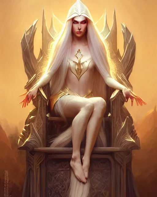 Prompt: tall elven queen sitting on the throne, full body, long white hair, pale skin, golden eyes | | realistic shaded, fine details, fine - face, realistic shaded lighting poster by greg rutkowski, magali villeneuve, artgerm, jeremy lipkin, michael garmash, rob rey