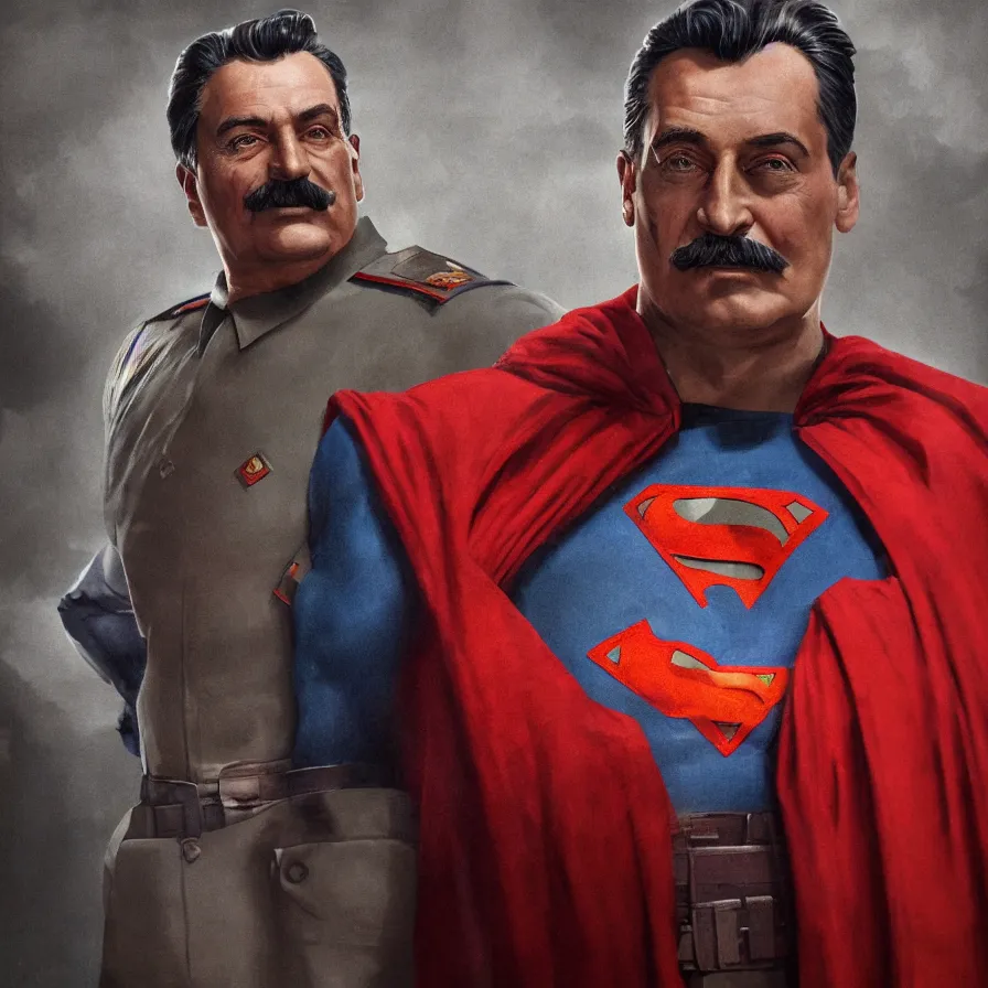 Image similar to stalin as superman, red son, socialist realism, sovietwave aesthetic, hammer and sickles, solitude, groundbreaking, award winning, breathtaking, superb, hyper realistic, detailed picture, intricate digital art, trending artstation, 8 k, unreal 5, octane render, vfx, volumetric lighting, rich moody colors, fan art, concept art