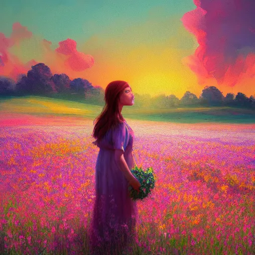 Image similar to girl with a flower face, surreal portrait, dreamlike, standing in flower field, in a valley, sunrise dramatic light, impressionist painting, colorful clouds, artstation, simon stalenhag