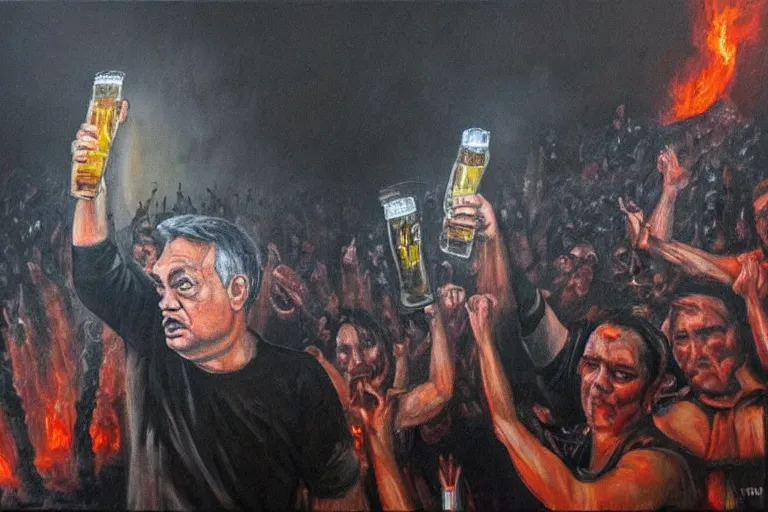 Image similar to viktor orban drinking beer and cheering at the apocalyse in front a burning city, highly detailed eyes, oil on canvas