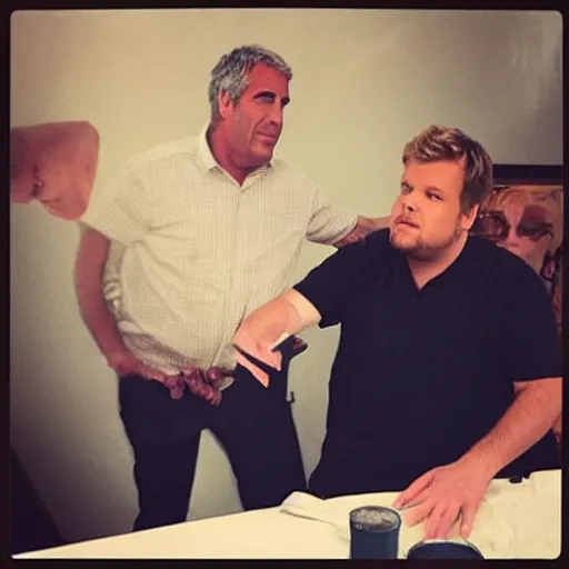 Prompt: “Jeffrey Epstein doing a sketch with James Corden nbc production still”