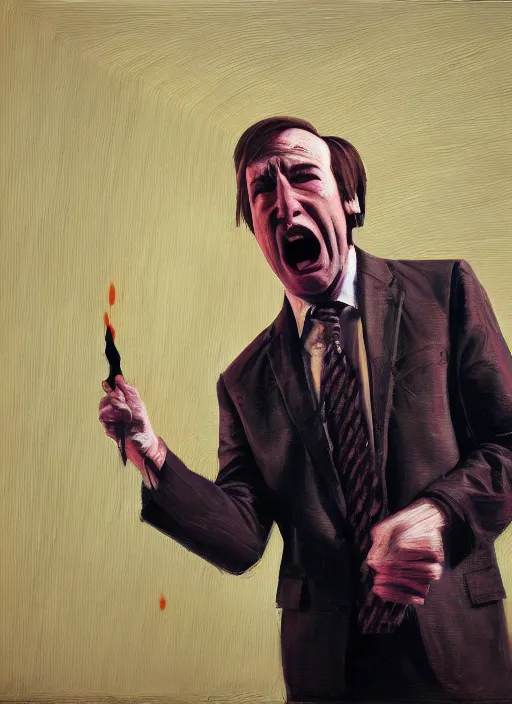 Prompt: saul goodman, screaming, painting by david lynch,'action lines '!!!, graphic style, visible brushstrokes, motion blur, blurry