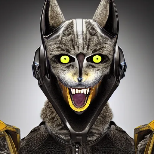 Image similar to a futuristic humanoid with cat-like features, yellow eyes, teeth that protrude past the lower lip and fine grayish fur on their faces and backs of their hands wearing alien armor and carrying an energy rifle