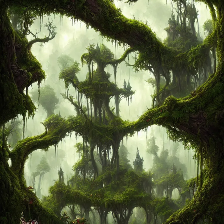 Image similar to fairy palace, castle towers, gnarly trees, lush vegetation, forest landscape, painted by tom bagshaw, raphael lacoste, eddie mendoza, alex ross concept art matte painting