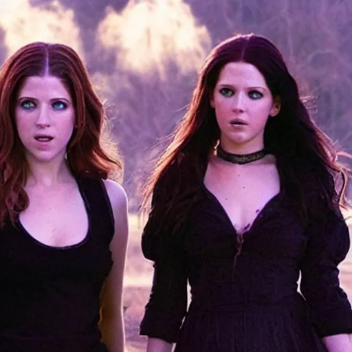 Prompt: still of Anna Kendrick and Jennifer Lawrence starring as witches in remake of The Craft 2029