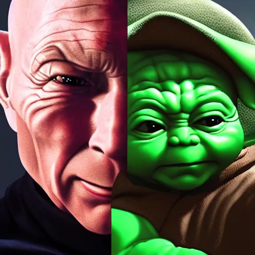 Prompt: a hyper real comic book style portait painting of captain picard with baby yoda on his chest, unreal 5, hyperrealistic, octane render, cosplay, rpg portrait, dynamic lighting