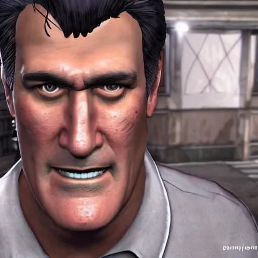 Image similar to a screenshot of bruce campbell in resident evil village. 3 d rendering. unreal engine. amazing likeness. very detailed. cartoon caricature