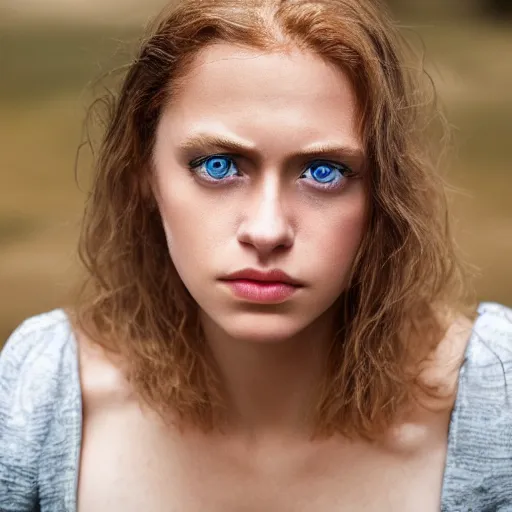 Image similar to a vivid portrait of a female with beautiful hair, light skin, and big blue eyes, soft cinematic lighting, shallow depth of field, photograph by annie leibovitz, 4k