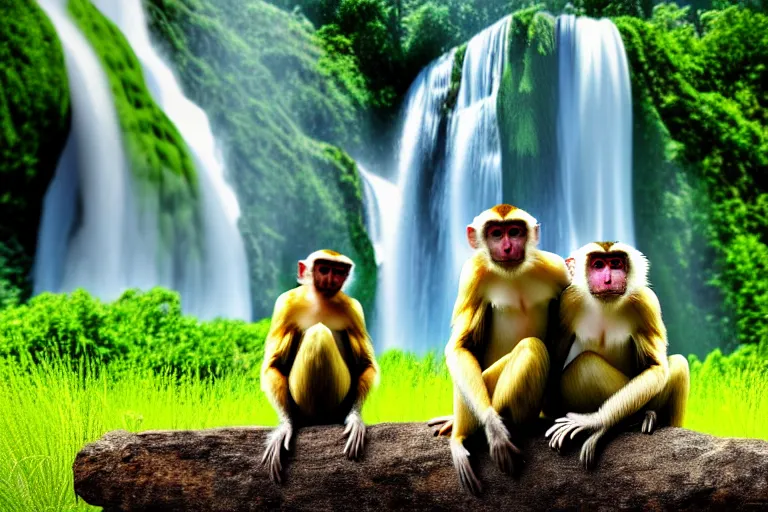 Image similar to two animals : a honey budger and a monkey, sitting in a meadow with a waterfall in the background, many details, high quality, 8 k