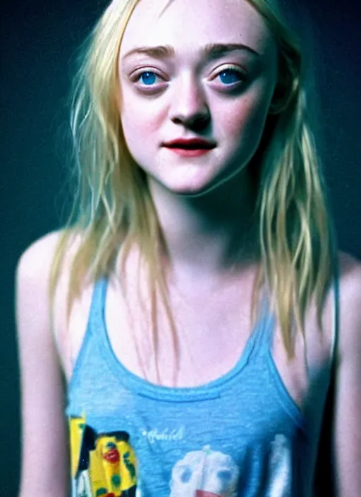 Image similar to aged film still taken of Dakota Fanning dressed in a Nirvana tank-top and blue short shorts while she thinks about her impending death amusingly. soft skin. smooth skin. soft feminine facial features. Pinterest filter. complex detail added after taking the film still at 16K resolution. amazingly epic visuals. epically luminous image. amazing lighting effect, image looks gorgeously crisp as far as it's visual fidelity goes, absolutely outstanding image. perfect film clarity. amazing film quality. iridescent image lighting. Criterion collection. gloriously cold atmosphere. mega-beautiful pencil image shadowing. beautiful face. 16k upscaled image. soft image shading. soft image texture. intensely beautiful image. large format picture. it's a great portrait of the highest quality. Great Pinterest photo. masterfully lit.