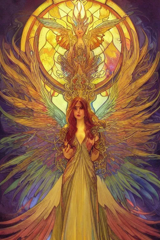 Prompt: ultra realist breathtaking detailed soft painting of fantasy phoenix, long fire wings and a halo of light around its head, christian saint in the middle of a stained glass of flames, intricate golden art nouveau frame, by Anato Finnstark, Alphonse Mucha, trending on artstation