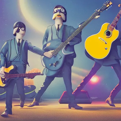 Image similar to the beatles performing with guitars, a giant yellow minion at background, sci fi, art by mike winkelmann, trending on cgsociety, retrofuturism, darksynth, sci - fi