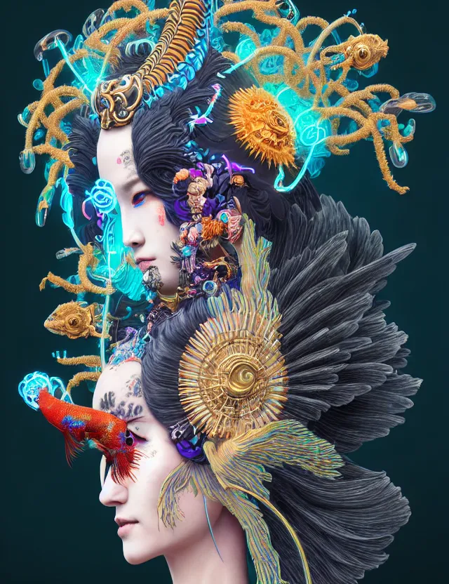 Image similar to 3 d goddess close - up profile portrait with crown, ram skull. beautiful intricately detailed neon japanese crow kitsune mask and clasical japanese kimono. betta fish, jellyfish phoenix, bio luminescent, plasma, ice, water, wind, creature, artwork by tooth wu and wlop and beeple and greg rutkowski