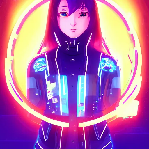 Image similar to full round symmetrical face!, digital cyberpunk anime!!, shattered cyborg body, girl in the style of arcane!!!, lightning, raining!!, water refractions!!, black long hair!, biomechanical details, neon background lighting, reflections, wlop, ilya kuvshinov, artgerm