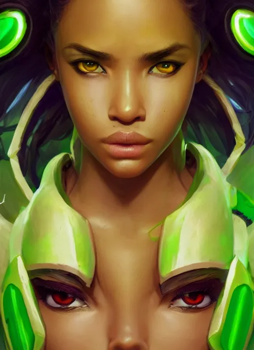 Image similar to senna from league of legends, au naturel, hyper detailed, brown skin, fluorescent green eyes, digital art, trending in artstation, cinematic lighting, studio quality, smooth render, unreal engine 5 rendered, octane rendered, art style by klimt and nixeu and ian sprigger and wlop and krenz cushart